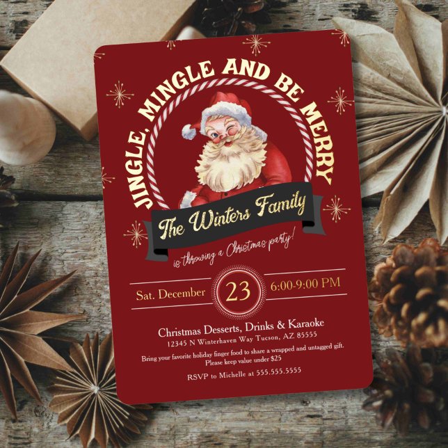 Red Vintage Santa Claus Candy Cane Christmas Party (Elegant festive jingle mingle and be merry christmas party invtation with gold foil and cute santa)