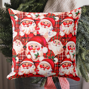 Red Vintage Santa Claus Tartan Plaid Christmas Cushion
