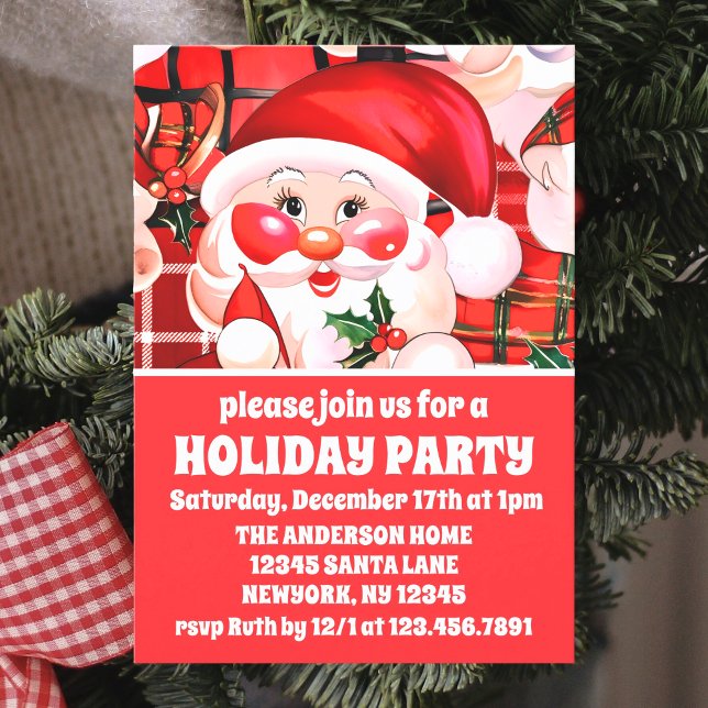 Red Vintage Santa Claus Tartan Plaid Christmas Invitation (Creator Uploaded)