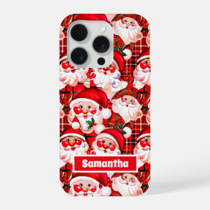 Red Vintage Santa Claus Tartan Plaid Christmas iPhone 15 Pro Case
