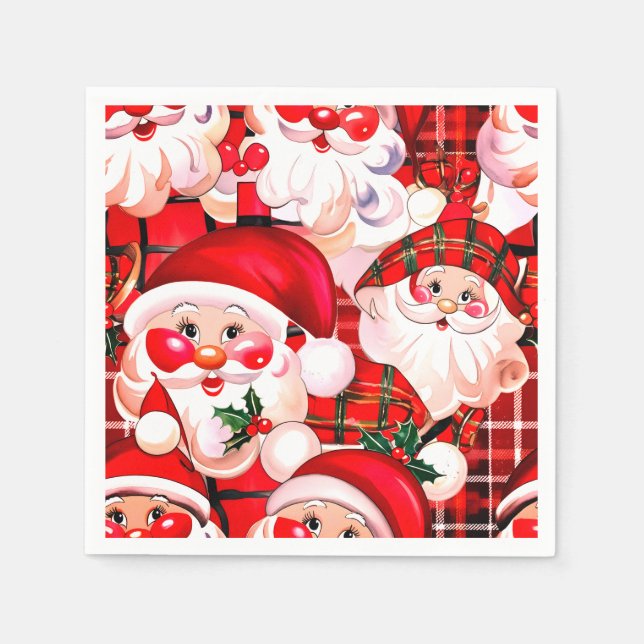 Red Vintage Santa Claus Tartan Plaid Christmas Napkin (Front)