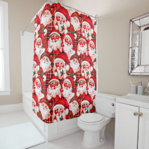 Red Vintage Santa Claus Tartan Plaid Christmas Shower Curtain