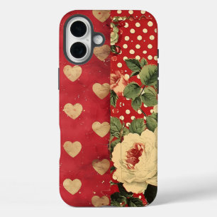 Red Vintage Shabby Chic Dots Hearts Florals Mix iPhone 16 Plus Case