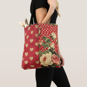 Red Vintage Shabby Chic Dots Hearts Florals Mix Tote Bag