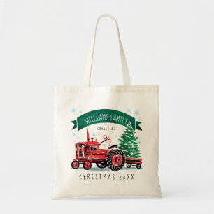 Red Vintage Tractor Christmas Tree Monogrammed Tote Bag