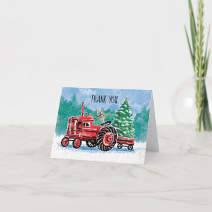 Red Vintage Tractor Christmas Tree Thank You Card