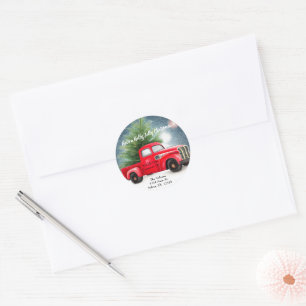 Red vintage truck and tree custom holiday classic round sticker