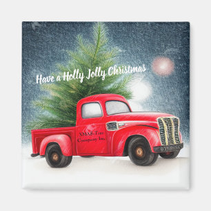 Red vintage truck and tree custom holiday magnet