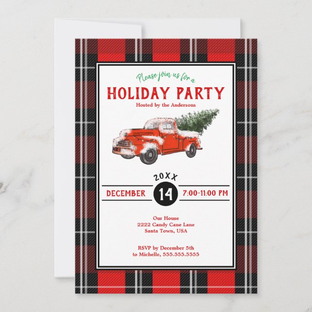Red Vintage Truck Christmas Plaid Holiday Party Invitation (Front)