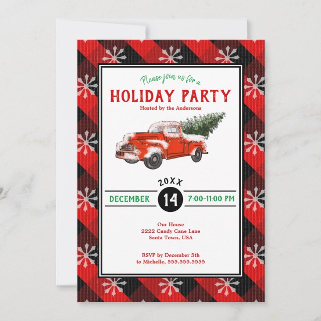Red Vintage Truck Christmas Plaid Holiday Party Invitation (Front)