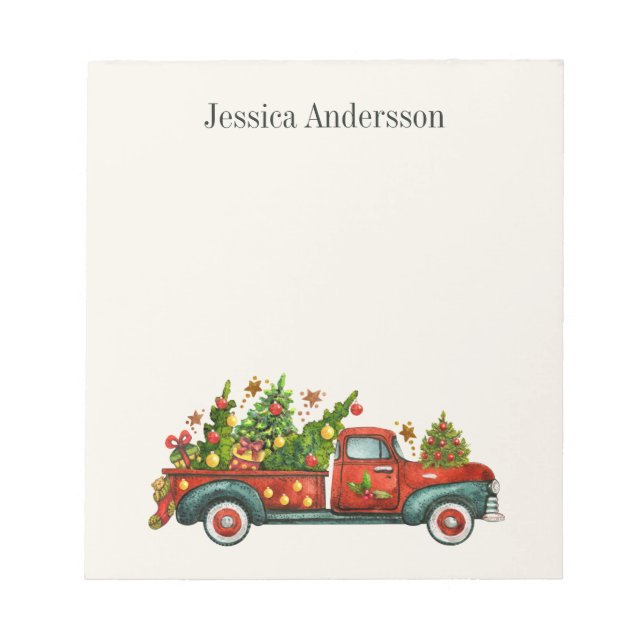 Red Vintage Truck Christmas Trees Holiday Name Notepad (Front)