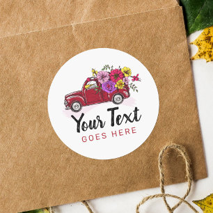 Red Vintage Truck & Flowers Cute Country Floral Classic Round Sticker