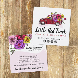 Red Vintage Truck & Flowers Floral + Social Media Square Business Card