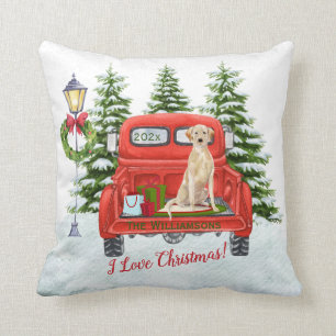 Red Vintage Truck Lab Retriever Snow Family Name   Cushion