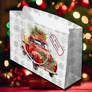 Red Vintage Truck Name Tag Christmas Snow  Large Gift Bag