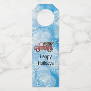 red vintage truck on a blue snowflake background   bottle tag