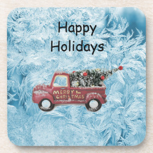 red vintage truck on a blue snowflake background coaster