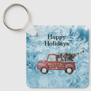 red vintage truck on a blue snowflake background   key ring