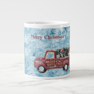 red vintage truck on a blue snowflake background large coffee mug