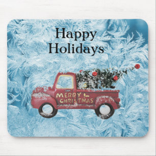 red vintage truck on a blue snowflake background mouse pad