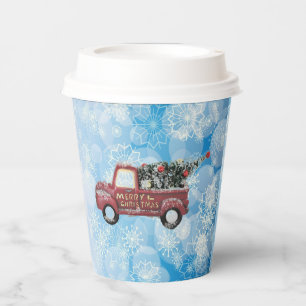 red vintage truck on a blue snowflake background paper cups