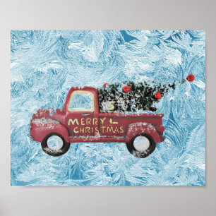 red vintage truck on a blue snowflake background   poster