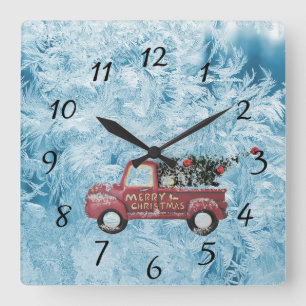 red vintage truck on a blue snowflake background square wall clock