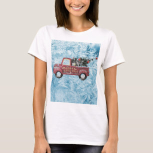 red vintage truck on a blue snowflake background T-Shirt