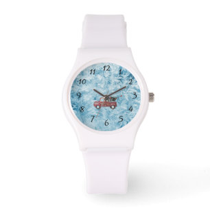 red vintage truck on a blue snowflake background watch