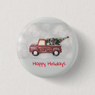 red vintage truck on a grey bokeh background 3 cm round badge