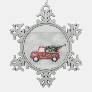 red vintage truck on a grey bokeh background metal snowflake pewter christmas ornament