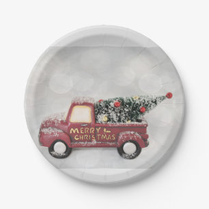 red vintage truck on a grey bokeh background paper plate