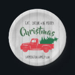 Red Vintage Truck Rustic  Christmas Paper Plate<br><div class="desc">Red Vintage Truck Christmas Paper Plates - Eat, Drink & Be Merry with Christmas in bold green Christmas script. Plate has a faux white wood background for a rustic touch. What a lovely way to add a festive touch to your Christmas Party! Easily personalise with your info. Part of a...</div>