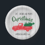Red Vintage Truck Rustic  Christmas Paper Plate<br><div class="desc">Red Vintage Truck Christmas Paper Plates - Eat, Drink & Be Merry with Christmas in bold green Christmas script. Plate has a faux white wood background for a rustic touch. What a lovely way to add a festive touch to your Christmas Party! Easily personalise with your info. Part of a...</div>