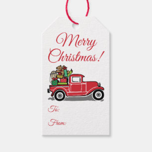 Red Vintage Truck with Toys Merry Christmas Gift Tags
