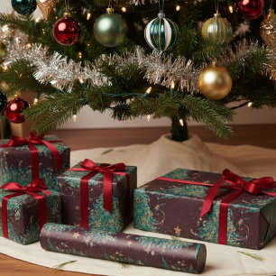 Red Vintage Victorian Christmas Tree Pattern Wrapping Paper