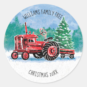 Red VintageTractor Christmas Tree Add Name Classic Round Sticker