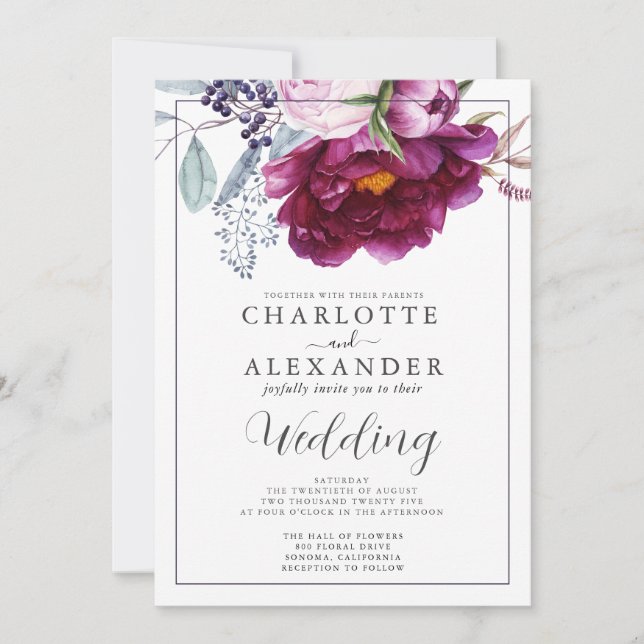 Red Violet Floral Botanical Wedding Invitations (Front)