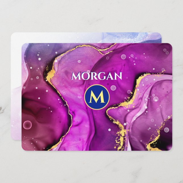 Red-Violet & Gold Liquid Ink, Monogram & Name Card (Front/Back)