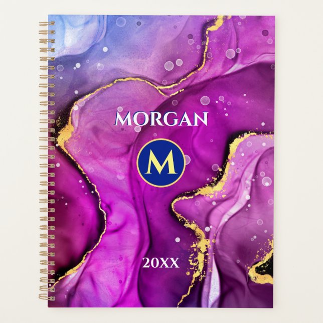 Red-Violet & Gold Liquid Ink, Monogram & Name Planner (Front)