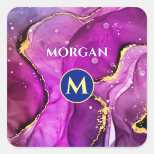 Red-Violet & Gold Liquid Ink, Monogram & Name Square Sticker