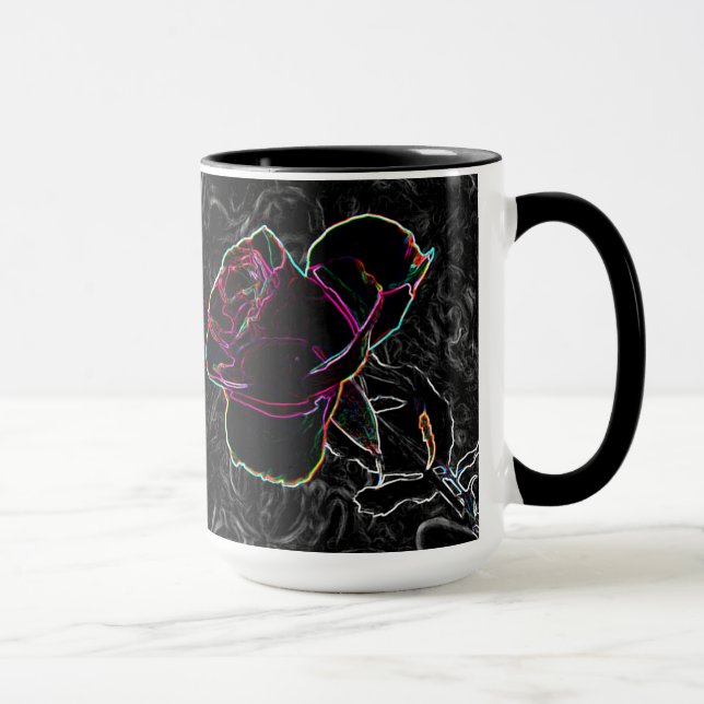 Red & Violet Neon Roses Hidden Owl on Black  Mug (Right)