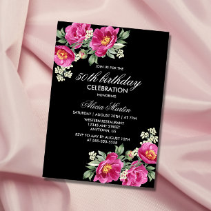 Red Violet Peony Floral Black 50th Birthday Invitation