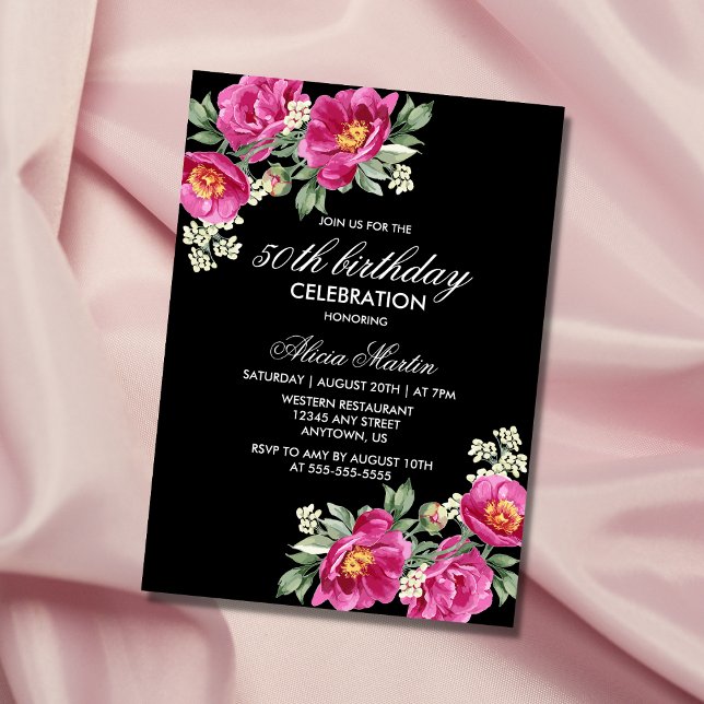 Red Violet Peony Floral Black 50th Birthday  Invitation (Creator Uploaded)