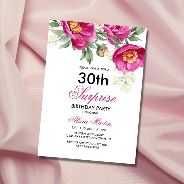 Red Violet Peony Greenery 30th Surprise Birthday  Invitation (Creator Uploaded)
