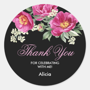 Red Violet Peony Greenery Black Thank You Sticker