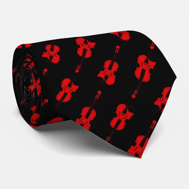 Red Violin Pattern Tie (Rolled)