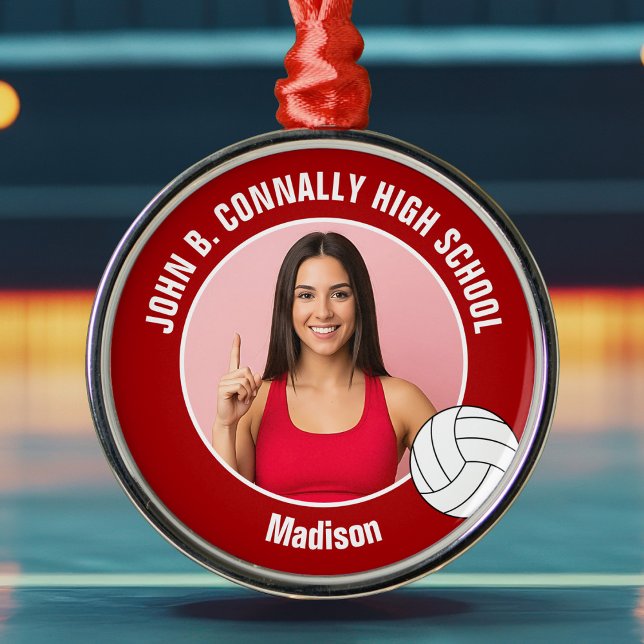 Red Volleyball Player Photo Christmas Gift Metal Tree Decoration (Creator Uploaded)