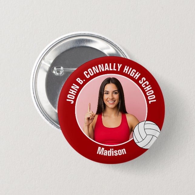 Red Volleyball Player Photo High School Spirit 6 Cm Round Badge (Front & Back)