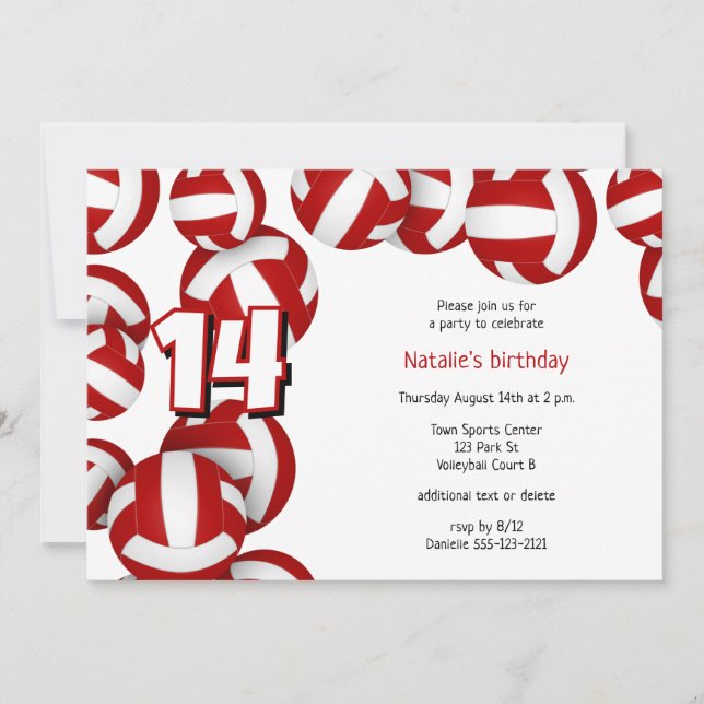 red volleyballs girls boys birthday party invitation (Front)